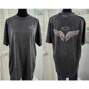 Seint Graphic Boyfriend Tee Charcoal Gray stonewash XL 100% Cotton Angel Wings